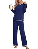 Ekouaer Women’s Pajama Sets Long Sleeve Top and Pant Pjs Sets Soft Sleepwear 2 Piece Lounge Sets with Pockets, Navy Blue, Small