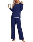 Ekouaer Women’s Pajama Sets Long Sleeve Top and Pant Pjs Sets Soft Sleepwear 2 Piece Lounge Sets with Pockets, Navy Blue, Small