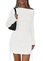 PRETTYGARDEN Long Sleeve Dress for Women Early Fall Fashion 2025 Cocktail Party Bodycon Off The Shoulder Mini Ruched Dresses(White,Medium) @ $15.99
