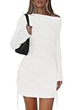 PRETTYGARDEN Long Sleeve Dress for Women Early Fall Fashion 2025 Cocktail Party Bodycon Off The Shoulder Mini Ruched Dresses(White,Medium) @ $15.99