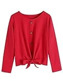 Hopeac Girls Tunic Tops Knot Front Long Sleeve Loose Soft Cute Casual Shirts Blouse T-Shirt Size 4-13 Red @ $6.00