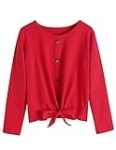 Hopeac Girls Tunic Tops Knot Front Long Sleeve Loose Soft Cute Casual Shirts Blouse T-Shirt Size 4-13 Red @ $6.00