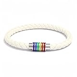 BLYYIEER LGBT Rainbow Bracelet,Stylish Leather LGBTQ Pride Bracelets,Rainbow Striped Stainless Steel Clasp, Handmade Weave Plaited Wristband Jewelry for Him/Her(White) @ $6.99