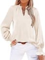 ANRABESS Blouse for Women Dressy Casual Puff Long Sleeve Shirts V Neck Satin Business Casual Work Tops 2025 Fall Outfits Parchment Medium @ $9.74