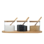 ZBBSHM Condiment Container Condiment Box with Oval Bamboo Tray Spoon And Lid A Set of 3 Spice Containers Glass Jars for Sugar Salt And Pepper (Bright Yellow Wood) @ $28.99