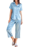 Ekouaer Womens Satin Pajamas Silk Capri Pjs 2 Piece Lounge Sets Short Sleeve Button Down Sleepwear Light Blue Large @ $7.43