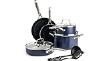 Blue Diamond Cookware 10 Piece Cookware Pots and Pans Set, Diamond Infused Healthy Ceramic Nonstick, PFAS and PFOA-Free, Dishwasher Safe, Oven Safe, Metal Utensil Safe, Warp Control, Blue @ $56.4
