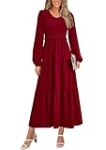PRETTYGARDEN Fall Dresses for Women 2025 Casual Long Sleeve V Neck Smocked A Line Long Flowy Wedding Guest Dress (Wine Red,Large)