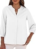 KaliraHut Womens V Neck 3/4 Sleeve Shirts Business Casual Tops Loose Work Blouses,S White