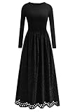 dowerme Women Fall Dresses 2025 Casual Long Sleeve Crewneck A-Line Boho Eyelet Cotton Maxi Wedding Guest Dress Pockets(Black,X-Large)