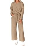 BTFBM Women 2 Piece Outfit 2024 Fall Winter Lapel V Neck Long Sleeve Pullover and Wide Leg Pants Lounge Sets Pockets(Solid Khaki, Small) @ $34.99