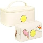 Yowivon 2 Pieces Makeup Bag Set Beige Cosmetic Bag Travel Toiletry Bag Preppy Skincare Bag Makeup Organizer, Gifts for Women Mom Bride Bridesmaids @ $3.