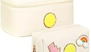 Yowivon 2 Pieces Makeup Bag Set Beige Cosmetic Bag Travel Toiletry Bag Preppy Skincare Bag Makeup Organizer, Gifts for Women Mom Bride Bridesmaids @ $3.