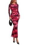 PRETTYGARDEN Women’s Long Sleeve Bodycon Dresses 2025 Fall Sexy Floral Mesh Slit Ruched Tight Maxi Wedding Guest Dress(Red Flower,Large)