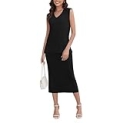 Flightbird Women Two Piece Casual Summer Outfits Comfy Matching Skirt Set V Neck Ribbed Knit Sleeveless Sweater Tank Tops Midi Long Dress Black S, Small