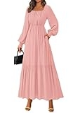 KIRUNDO Casual Fall Dresses for Women 2025 Flowy Long Sleeve Maxi Dress Smocked Empire Waist Square Neck Wedding Party(Pink, XX-Large) @ $19.99