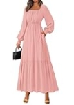 KIRUNDO Casual Fall Dresses for Women 2025 Flowy Long Sleeve Maxi Dress Smocked Empire Waist Square Neck Wedding Party(Pink, XX-Large) @ $19.99