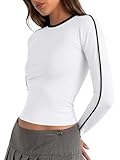 REORIA Long Sleeve Crop Tops for Women Workout Compression Tight Slim Fitted Going Out Striped Shirts Color Block Crew Neck Teen Girls Clothes 2025 Fall Fashion Outfits White X-Small @ $3.44
