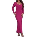 LUOFEN Women’s Sexy Square Neck Lounge Long Dress Elegant Long Sleeve Ribbed Bodycon Maxi Dresses Hot Pink S @ $3.99