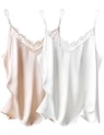 Ekouaer Women 2 PCS Cami Lace Satin Silk Tops Adjustable Spaghetti Strap Tank Shirt V Neck Tank Tops White & Champagne S