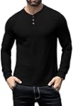 KUYIGO Men’s Long Sleeve Henley Shirts Slim Fit Casual Waffle Fashion Button Shirt Tops Black L