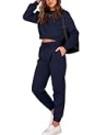 BTFBM Women 2 Piece Outfits Long Sleeve Crop Top Pullover Drawstring Pant Jogger Set Casual Sweatsuits Tracksuit Pockets(Navy, X-Large)
