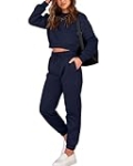 BTFBM Women 2 Piece Outfits Long Sleeve Crop Top Pullover Drawstring Pant Jogger Set Casual Sweatsuits Tracksuit Pockets(Navy, X-Large)