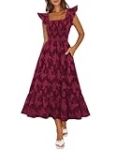 MEROKEETY Women’s Summer Boho Floral Midi Dress 2026 Casual Sleeveless Square Neck Smocked Ruffle Flowy Beach Vacation Dress, Wine, Medium