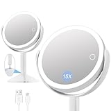 8.5inch 2600mAh Rechargeable Lighted Makeup Mirror,15X/1X Magnifying Double-Sided LED Vanity Mirror with Lights, 3 Color Lights, 360° Rotatable Desk Mirror with Touch Screen Dimmable, Gift for Women