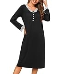 Ekouaer Long Sleeve Nightgowns for Women Long Button Lace V Neck Nightshirts Winter Night Gown Black XXL