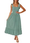ZESICA Women’s 2023 Summer Boho Spaghetti Strap Square Neck Solid Color Ruffle A Line Beach Long Maxi Dress,Green,Large @ $46.99