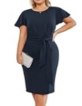 Hanna Nikole Modest Tie Waist Midi Dresses for Women Classy Bodycon Dresses for Work Plus Size Elegant Business Dresses Semi Formal Navy Blue 24W @ $19.49