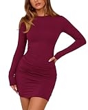 BTFBM Fall Dresses for Women 2025 Fashion Long Sleeve Boat Neck Slim Fit Party Club Short Tight Basic Bodycon Mini Dress(Wine Red, Large)