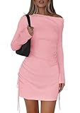PRETTYGARDEN Long Sleeve Dress for Women Early Fall Fashion 2025 Cocktail Party Bodycon Off The Shoulder Mini Ruched Dresses(Pink,Medium)