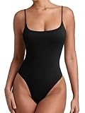 REORIA Womens Summer Sexy Cami Square Neck Thong Bodysuit Basic Double Line Going Out Backless Spaghetti Strap Tank Top Black Onyx Small
