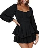 SISROL Rompers for Women Boho Off Shoulder Rompers Lantern Long Sleeve Ruffle Layer Back Tie Mini Short Jumpsuit @ $11.44