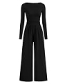 BTFBM Jumpsuits For Women Dressy 2025 Fall Casual One Piece Outfits Pocket Long Sleeve Knit Ruched Wide Leg Pants Romper(Black, Large)