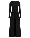 BTFBM Jumpsuits For Women Dressy 2025 Fall Casual One Piece Outfits Pocket Long Sleeve Knit Ruched Wide Leg Pants Romper(Black, Large)