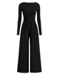 BTFBM Jumpsuits For Women Dressy 2025 Fall Casual One Piece Outfits Pocket Long Sleeve Knit Ruched Wide Leg Pants Romper(Black, Large)
