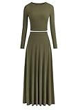 PRETTYGARDEN Women’s 2 Piece Outfits Dressy Casual Ribbed Knit Long Sleeve Crop Tops Maxi Flowy Skirts Matching Sets (Army Green,Medium) @ $38.99