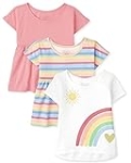 The Children’s Place Baby Girls’ and Toddler Short Sleeve Flutter Knit Shirts, Rainbow/Stripe/Cherry Blossom 3-Pack, 4 Years @