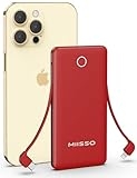 miisso 10000mah Slim Portable Charger with Built in Cable, Power Bank Travel Phone Charger External Battery Pack for Phones, 4 Output USB C Cords Clutch Charger Compatible with iPhone, Samsung, Red