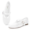 Ankis Mesh Ballet Flats for Women, White Mesh Flats Buckle Strap Mary Jane Ballerina Flats Women’s Fishnet Flat Sandals Shoes for Dressy Summer