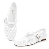 Ankis Mesh Ballet Flats for Women, White Mesh Flats Buckle Strap Mary Jane Ballerina Flats Women’s Fishnet Flat Sandals Shoes for Dressy Summer