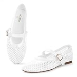 Ankis Mesh Ballet Flats for Women, White Mesh Flats Buckle Strap Mary Jane Ballerina Flats Women’s Fishnet Flat Sandals Shoes for Dressy Summer