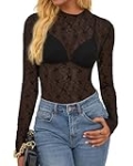 BTFBM Lace Tops for Women 2025 See Through Mesh Top Crew Neck Long Sleeve Fitted Sheer Party Club Outfits Fall Fashion Black
