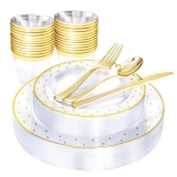 bUCLA 150 PCS Gold Plastic Plates – Gold Trim Clear Plastic Plates with Disposable Silverware – Gold Plastic Dinnerware Includes 25Dinner Plates @ $17.99