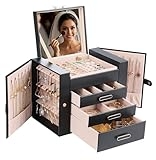 ASINGYER Jewelry Boxes for Women, 4 Layer Jewelry Organizer with 2 Doors for Necklaces Hanging and 2 Closet for Earrings Hanging, Large Jewelry Box with Mirror (Black)