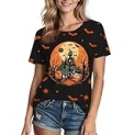 Halloween Shirts for Women: Castle Pumpkin Pattern Halloween Party Short Sleeve Costumes Crewneck T-Shirt @ $5.99