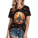Halloween Shirts for Women: Castle Pumpkin Pattern Halloween Party Short Sleeve Costumes Crewneck T-Shirt @ $5.99